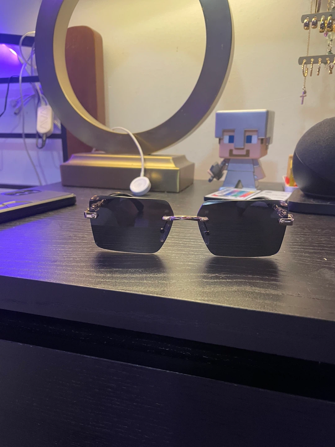 Rimless Black Lens Sunglasses with Gold Dragon Detail - photo 2
