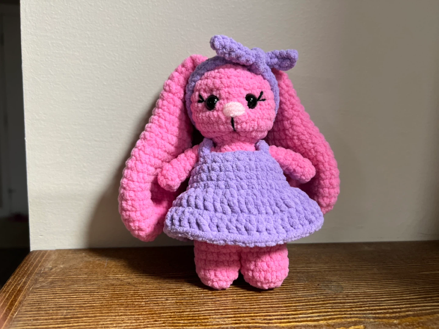 Crocheted Pink Bunny Plush Toy with Purple Dress - photo 2
