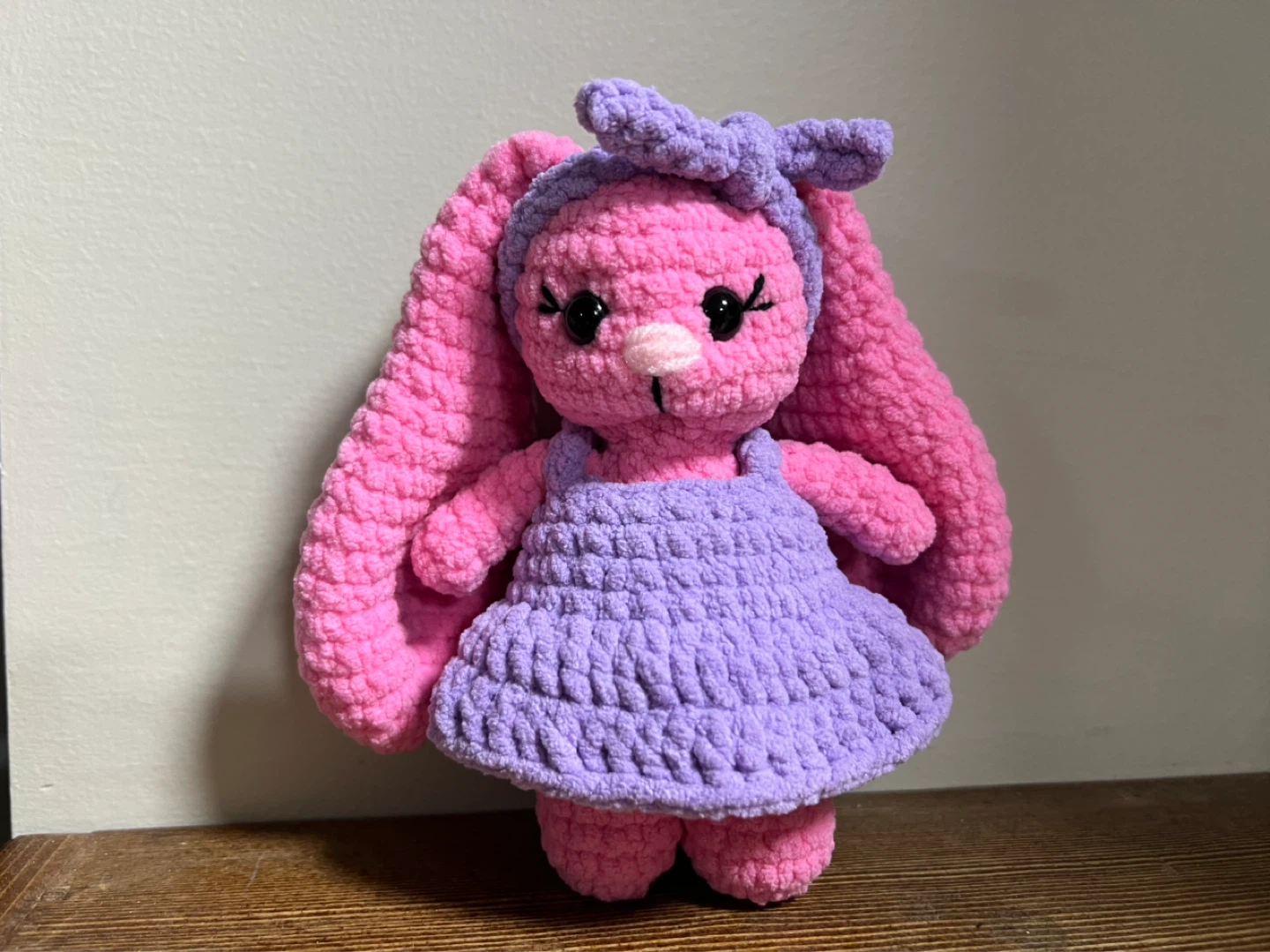 Crocheted Pink Bunny Plush Toy with Purple Dress