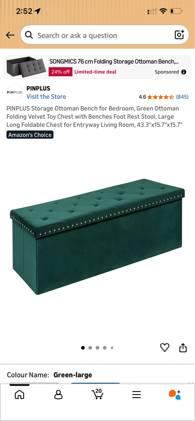 PINPLUS Velvet Storage Ottoman Bench - Red - photo 3