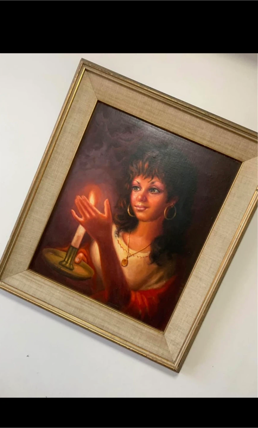 Vintage Framed Painting of a Woman Holding a Candle - photo 4