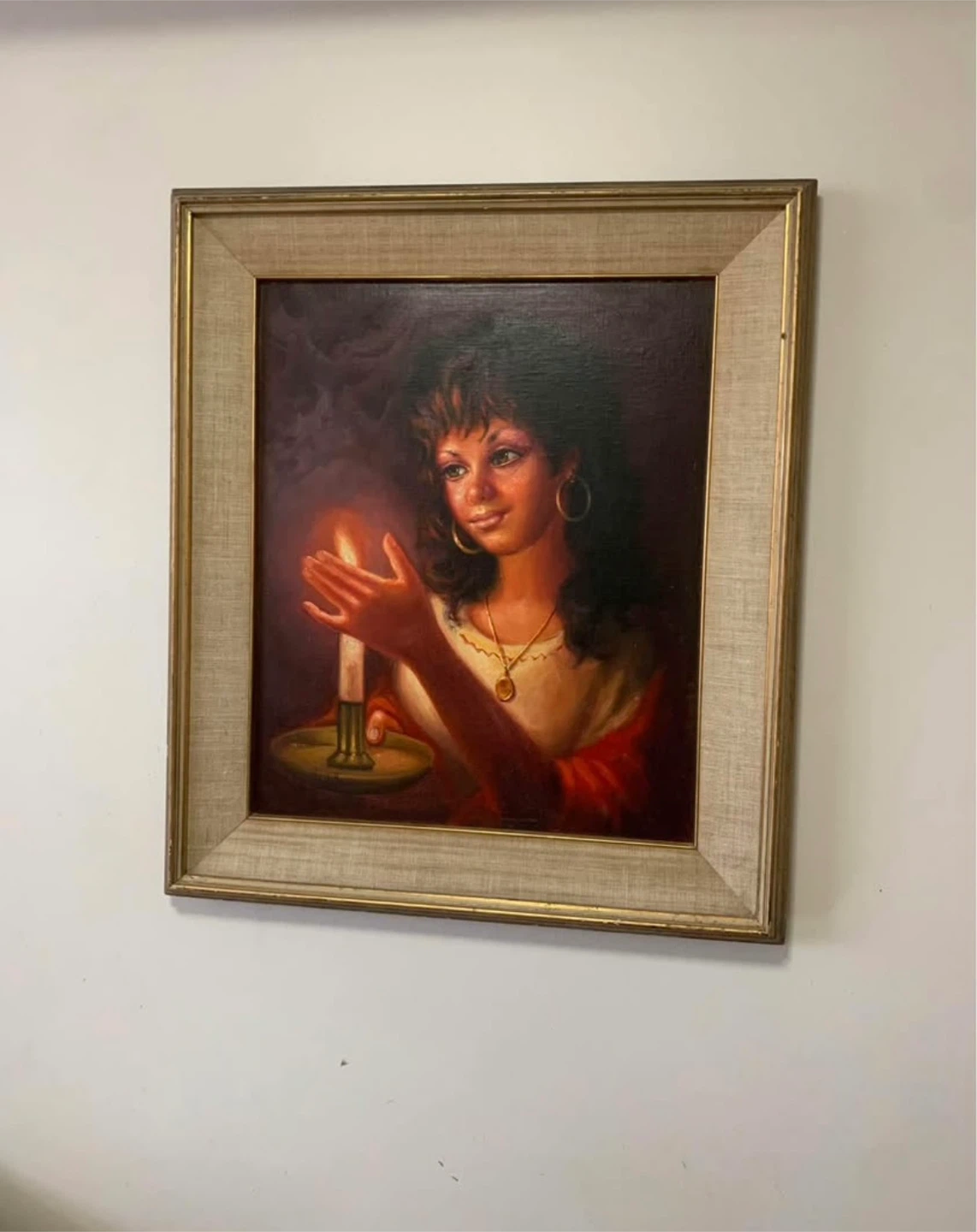 Vintage Framed Painting of a Woman Holding a Candle