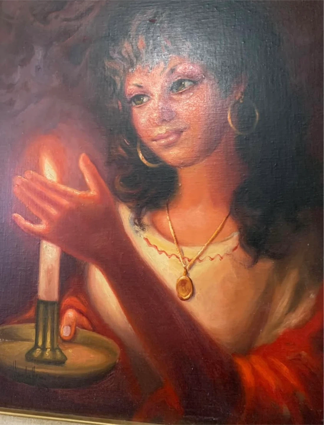 Vintage Framed Painting of a Woman Holding a Candle - photo 3