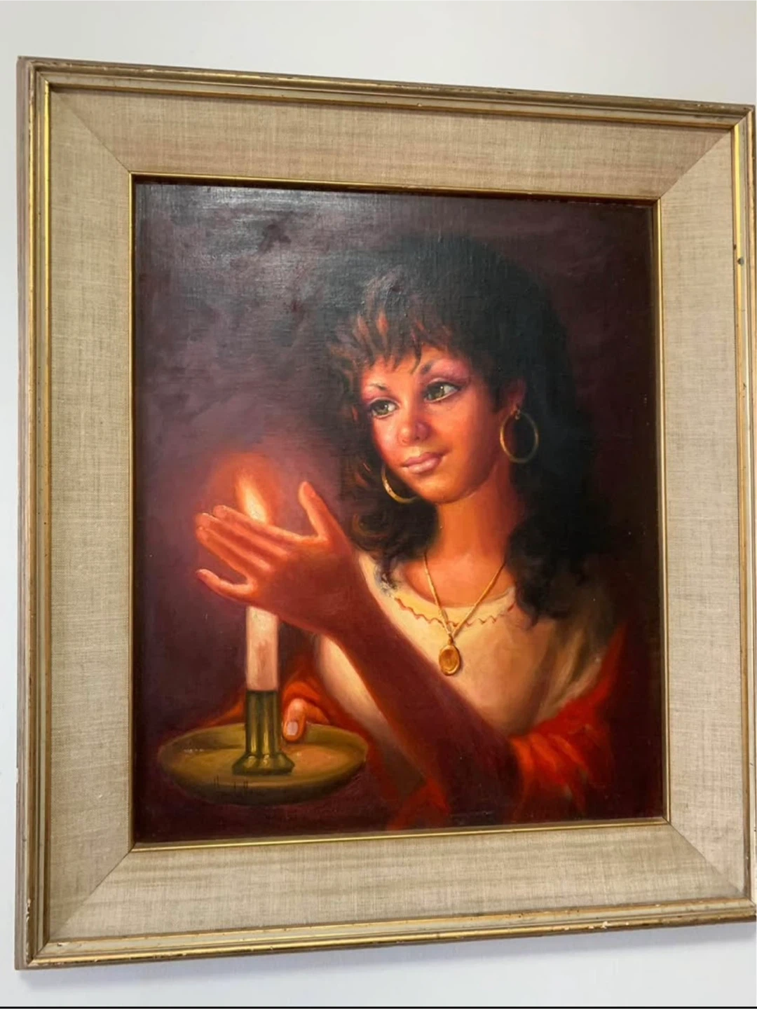 Vintage Framed Painting of a Woman Holding a Candle - photo 2