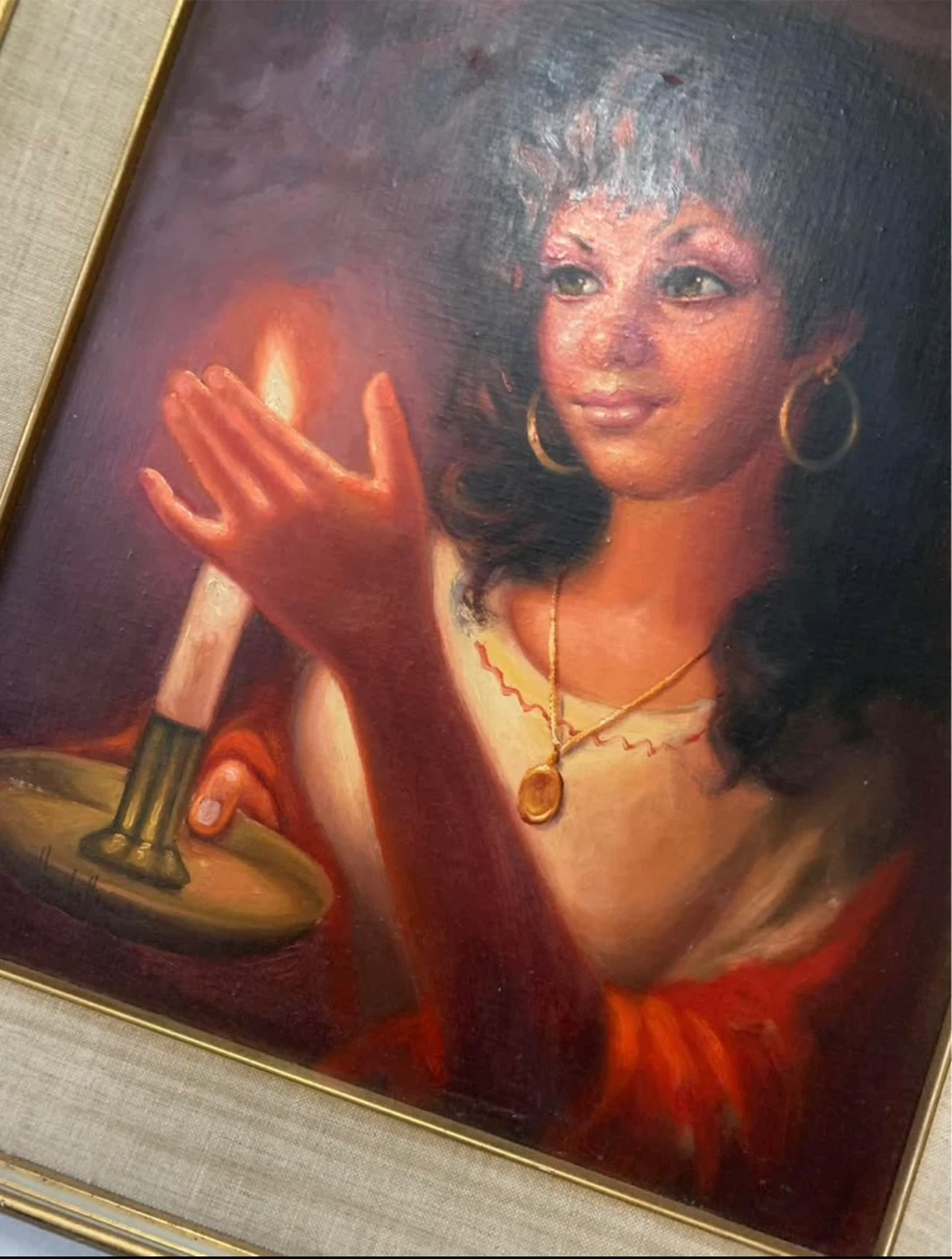 Vintage Framed Painting of a Woman Holding a Candle - photo 5