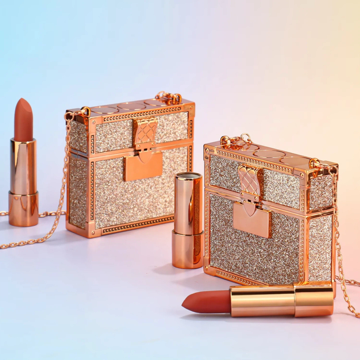 Rose Gold Glitter Lipstick Case with Chain
