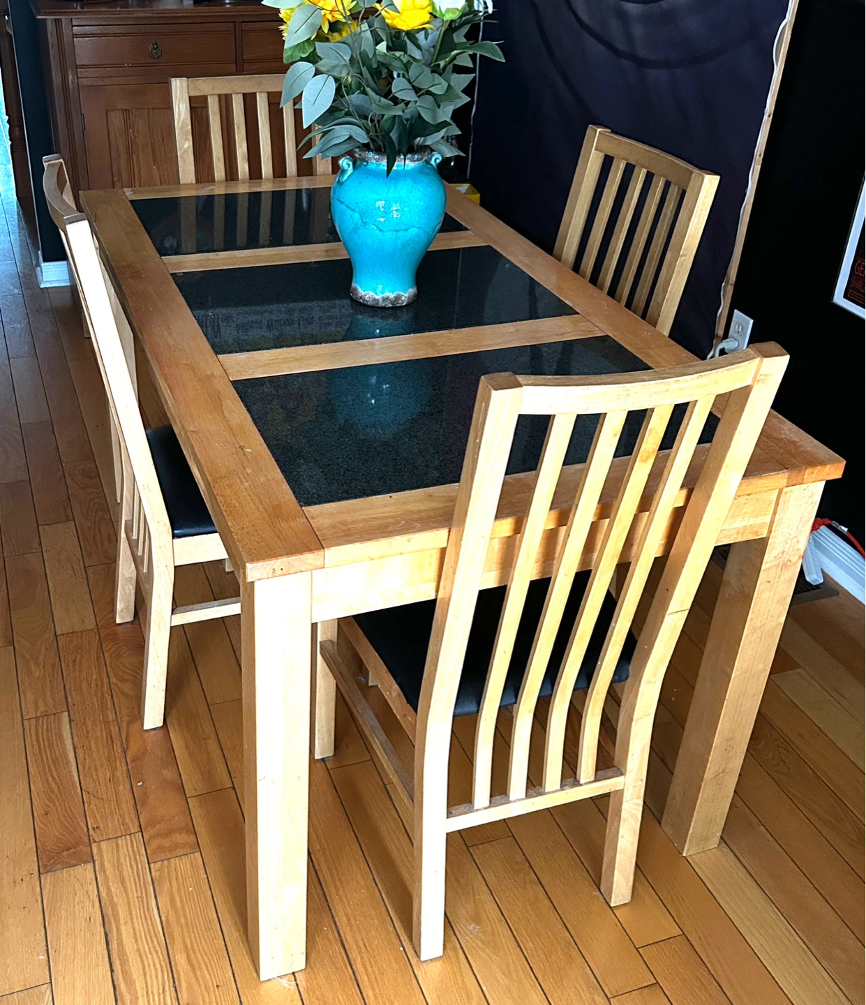 Wooden Dining Table with Granite Inlay and 4 Chairs