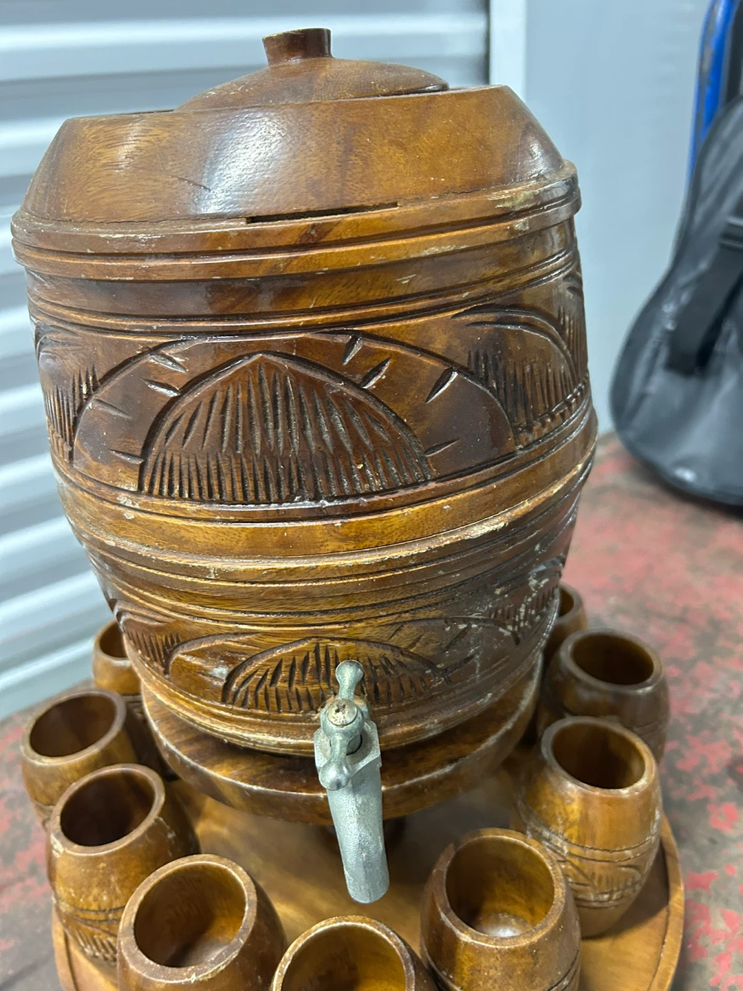 Vintage Wooden Beverage Dispenser Set with Cups - photo 3