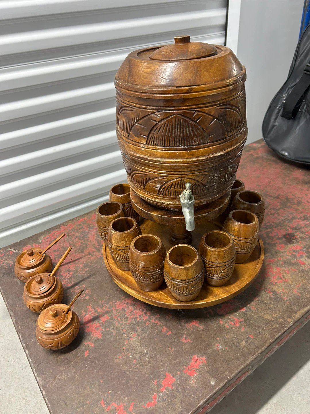 Vintage Wooden Beverage Dispenser Set with Cups
