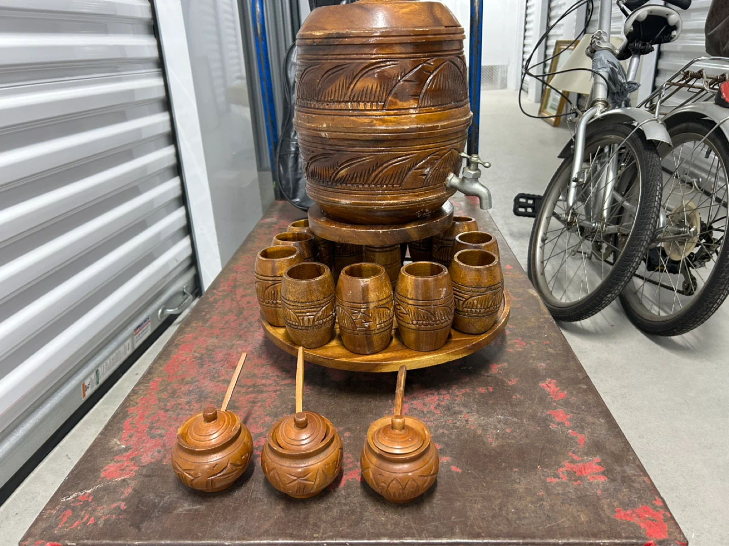 Vintage Wooden Beverage Dispenser Set with Cups - photo 2