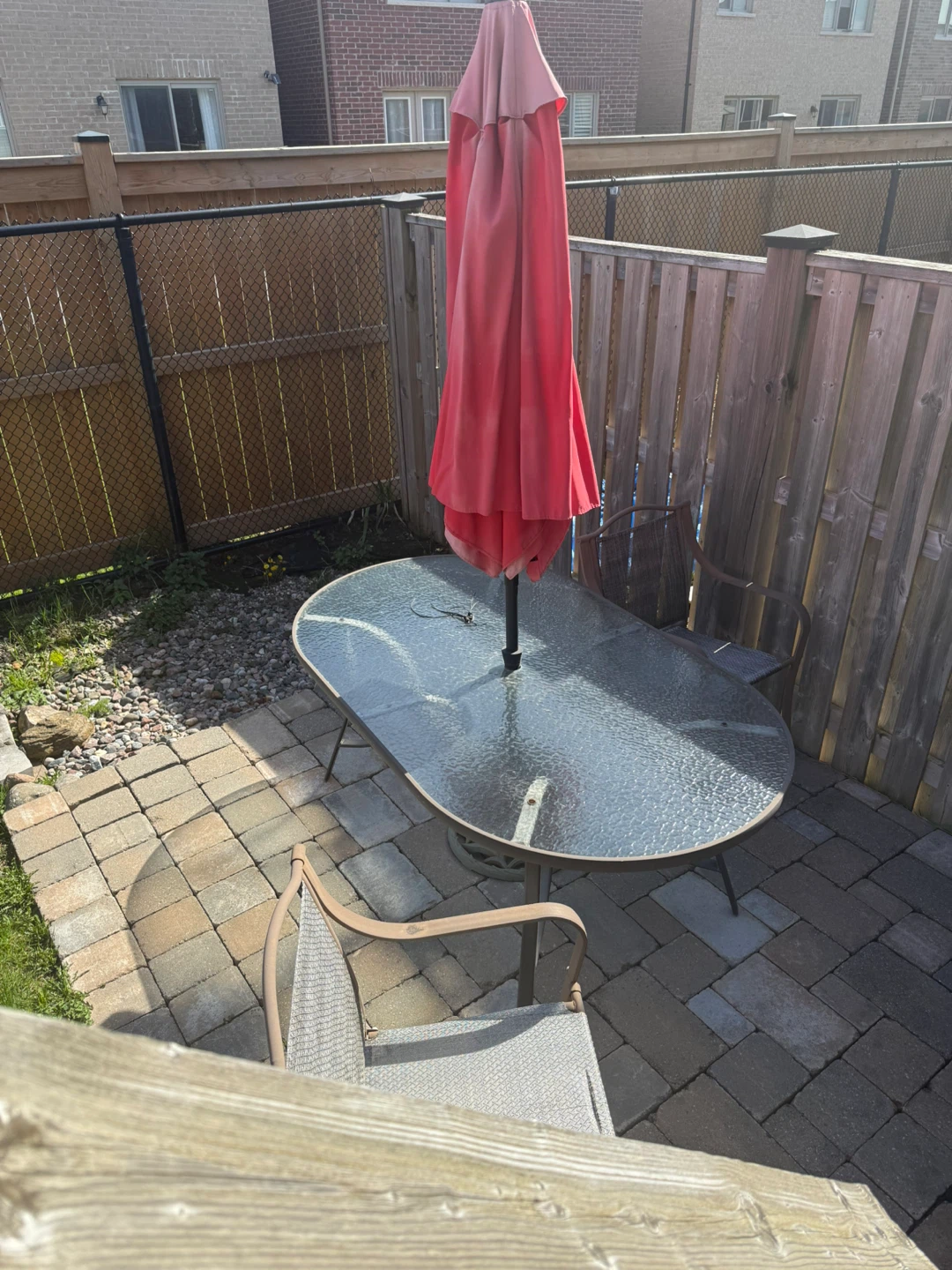 Patio Table with Umbrella and Chairs