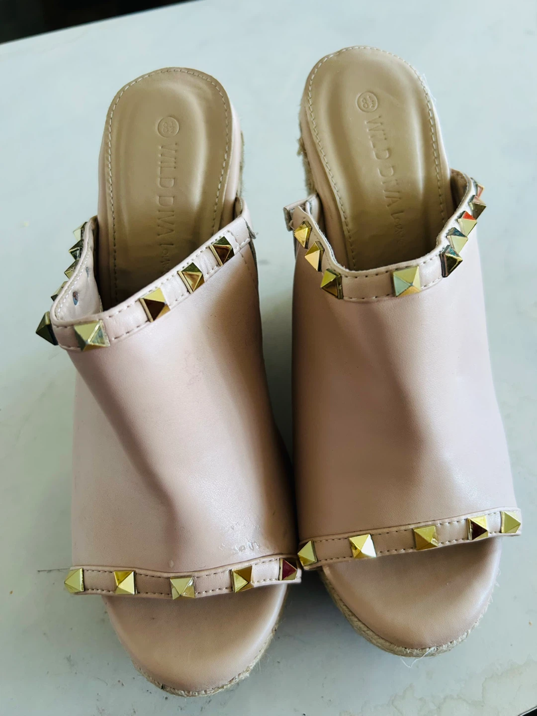 Wild Diva Rose Gold Studded Espadrille Wedge Sandals