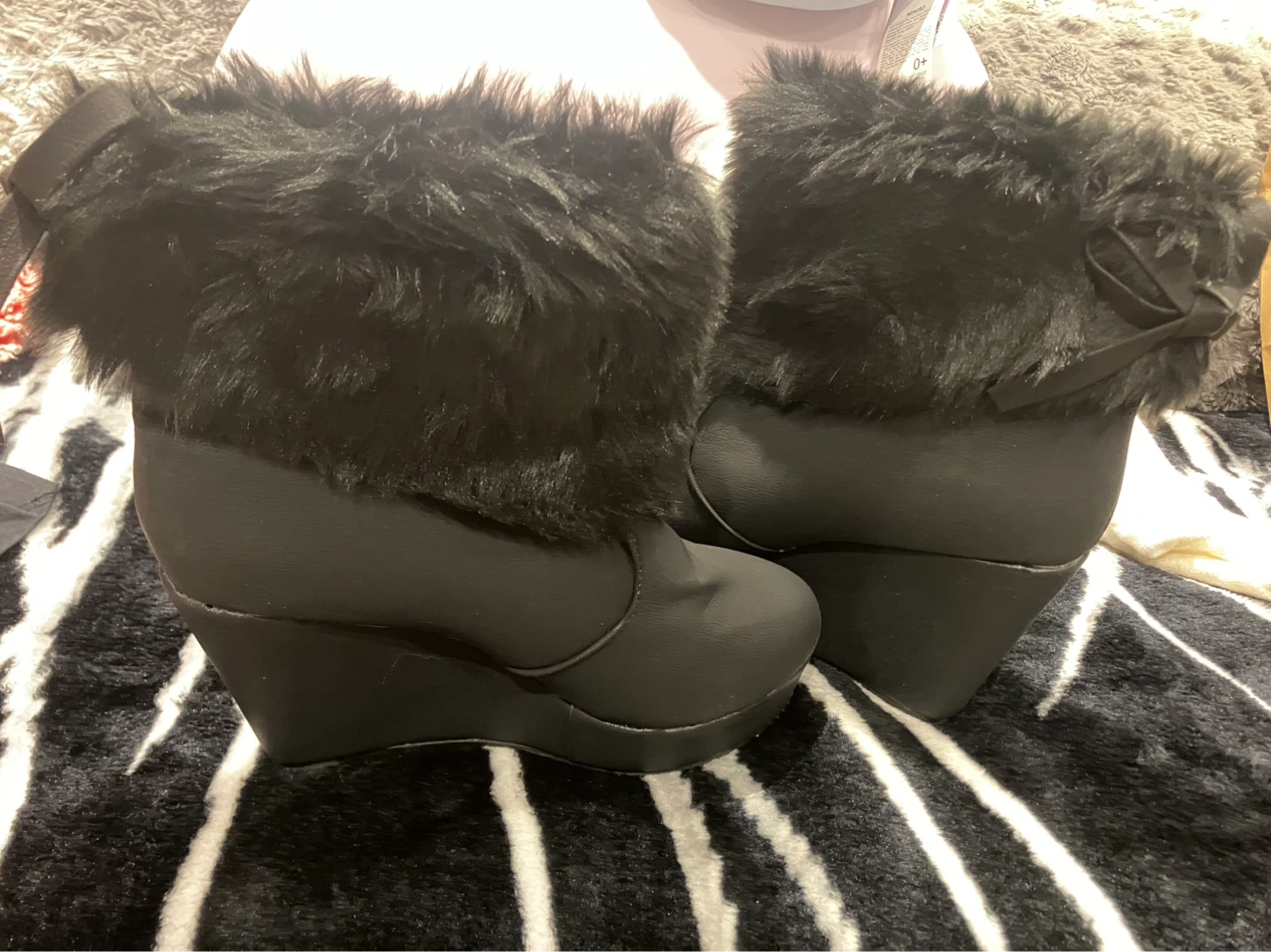 Black Wedge Boots with Faux Fur Trim - photo 2