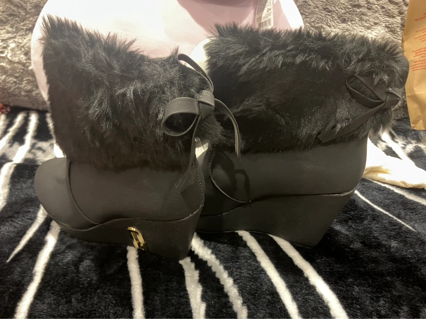 Black Wedge Boots with Faux Fur Trim