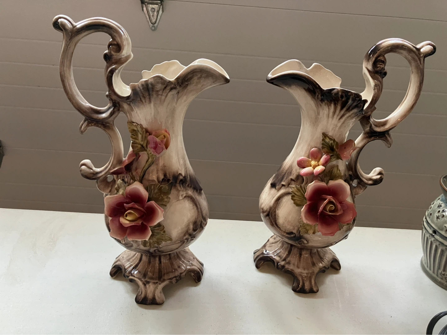 Vintage Ceramic Pitchers with Roses (Set of 2)