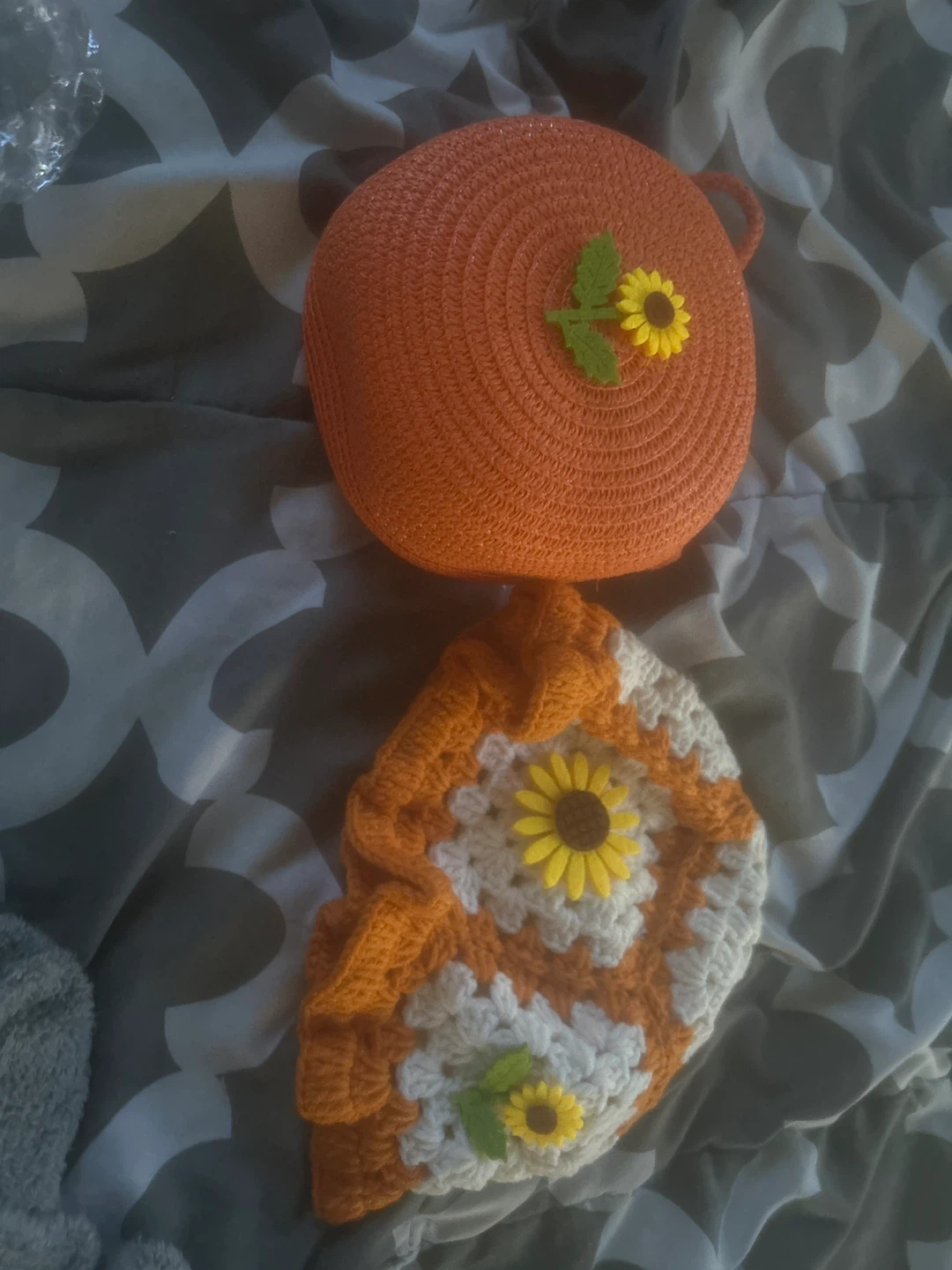 Orange Woven Round Bag with Sunflower Detail