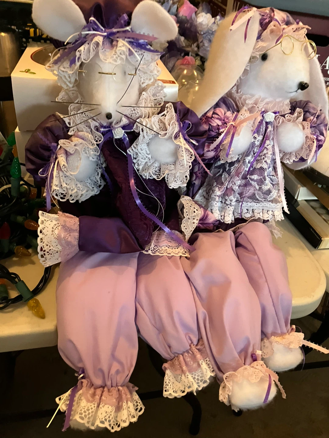 Purple and White Lace Bunny and Mouse Dolls