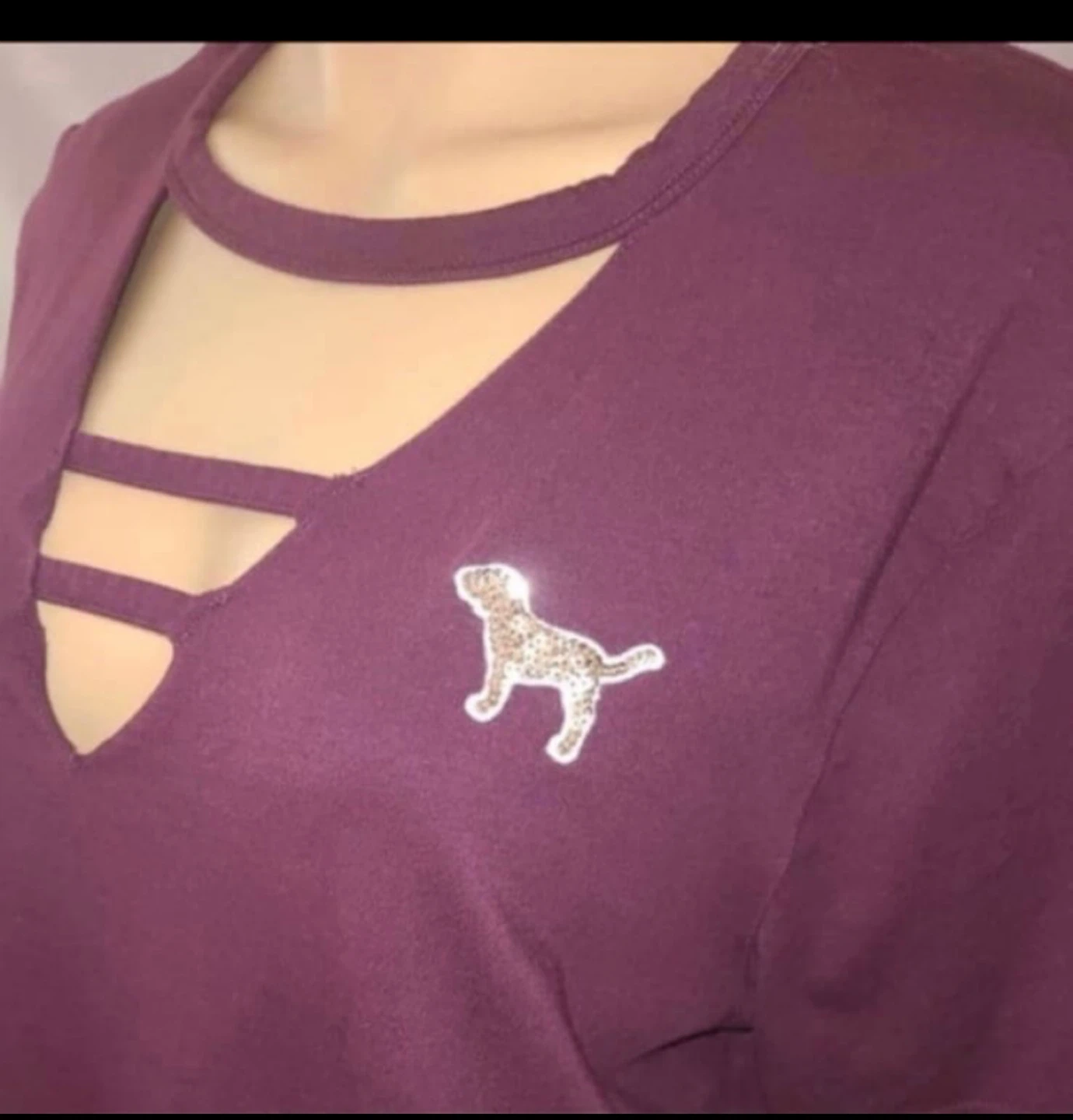 Victoria's Secret PINK Vintage Cutout V-Neck T-Shirt Sequins Dog - photo 4