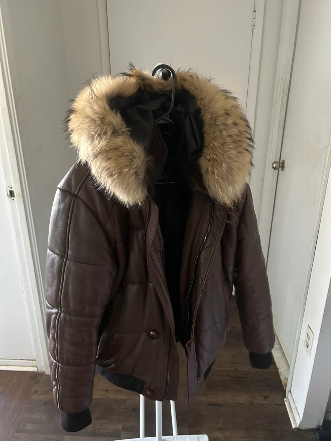 Brown Leather Bomber Jacket with Fur Hood