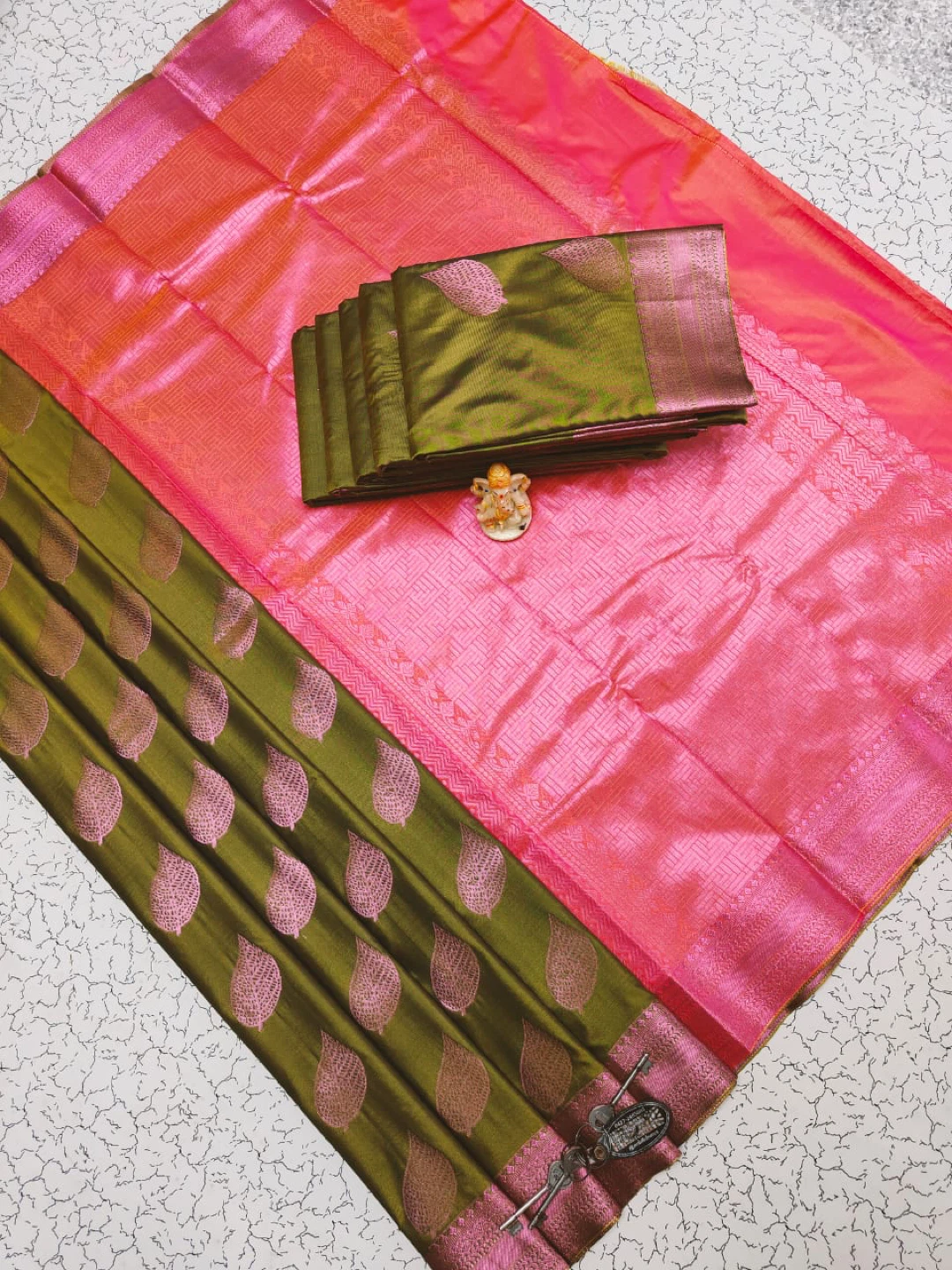 Pink and Olive Green Silk Saree