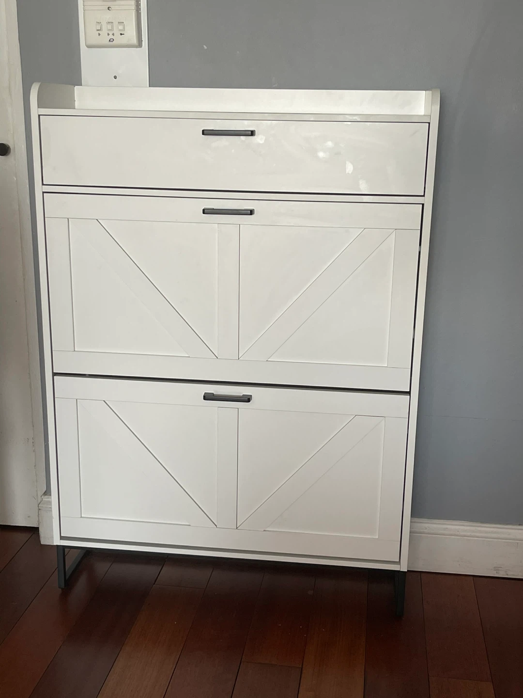 White Shoe Storage Cabinet, Storage and Shoe Flip Drawers