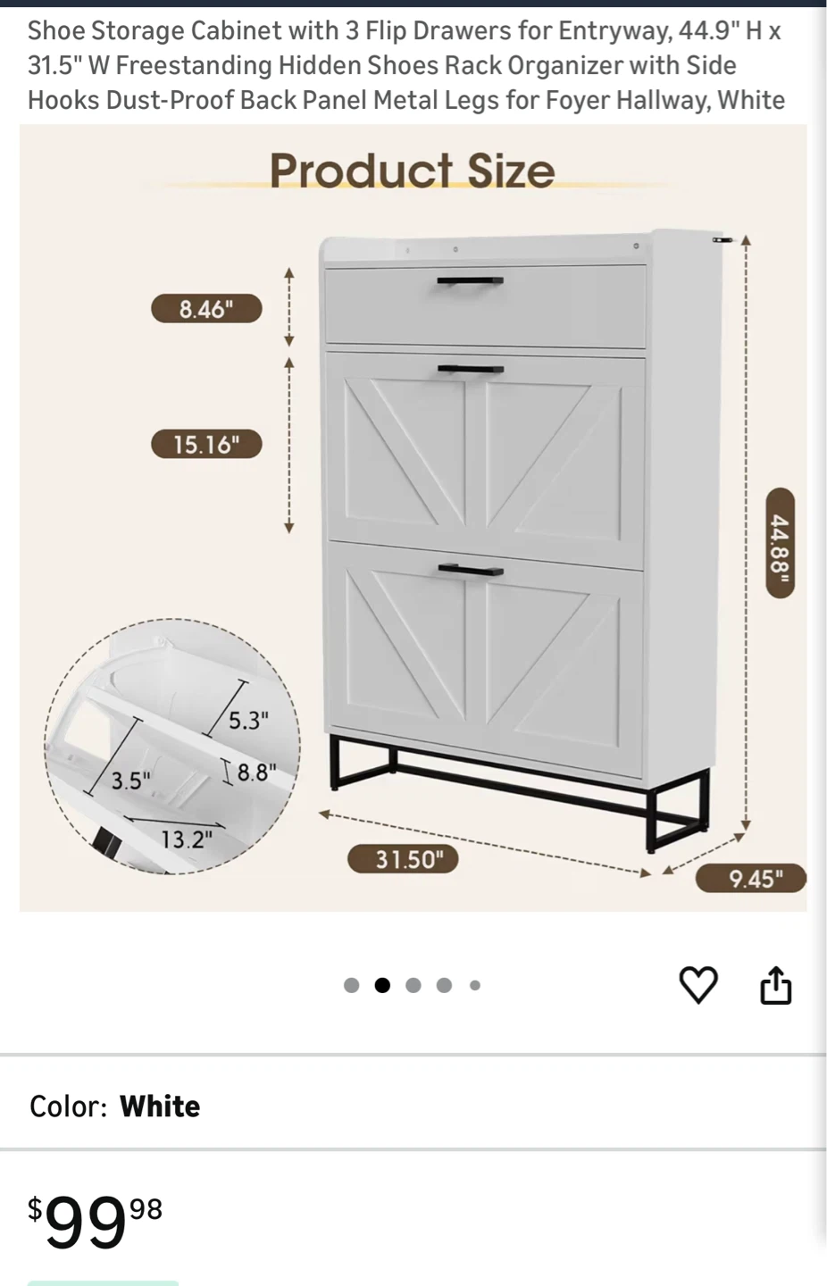 White Shoe Storage Cabinet, Storage and Shoe Flip Drawers - photo 4