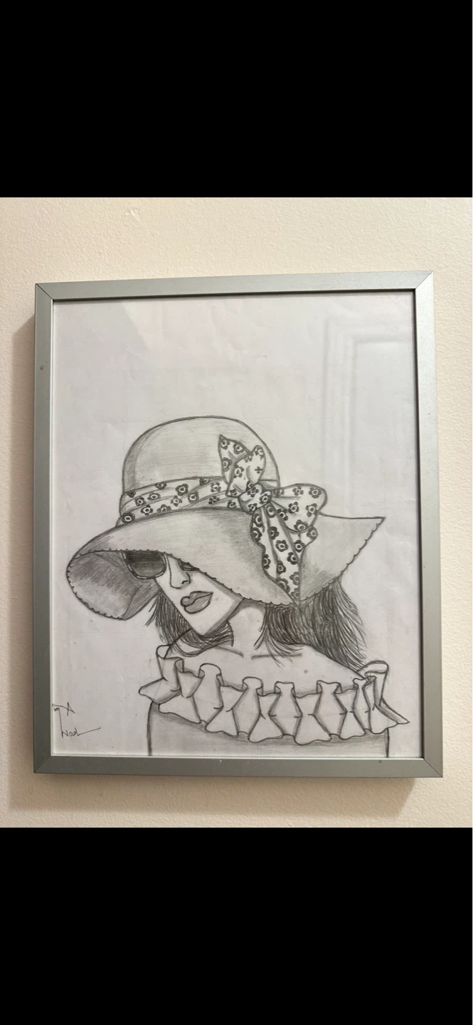 Framed Pencil Sketch of Woman in a Sun Hat