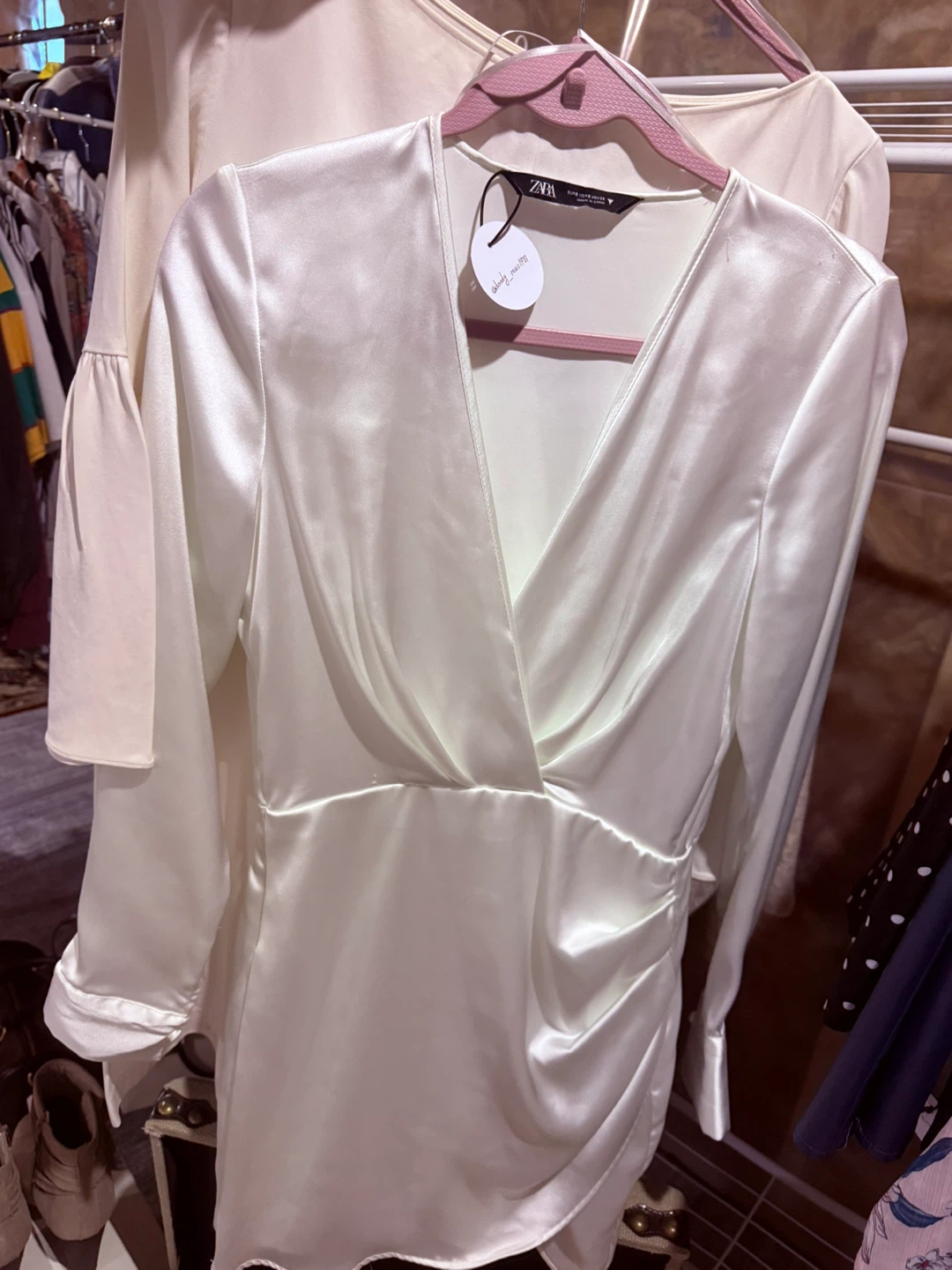 Zara Cream Satin Ruched V-Neck Dress