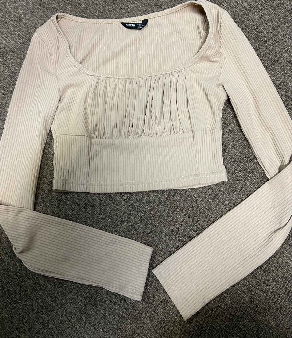 SHEIN Ribbed Cropped Long Sleeve Top - Beige