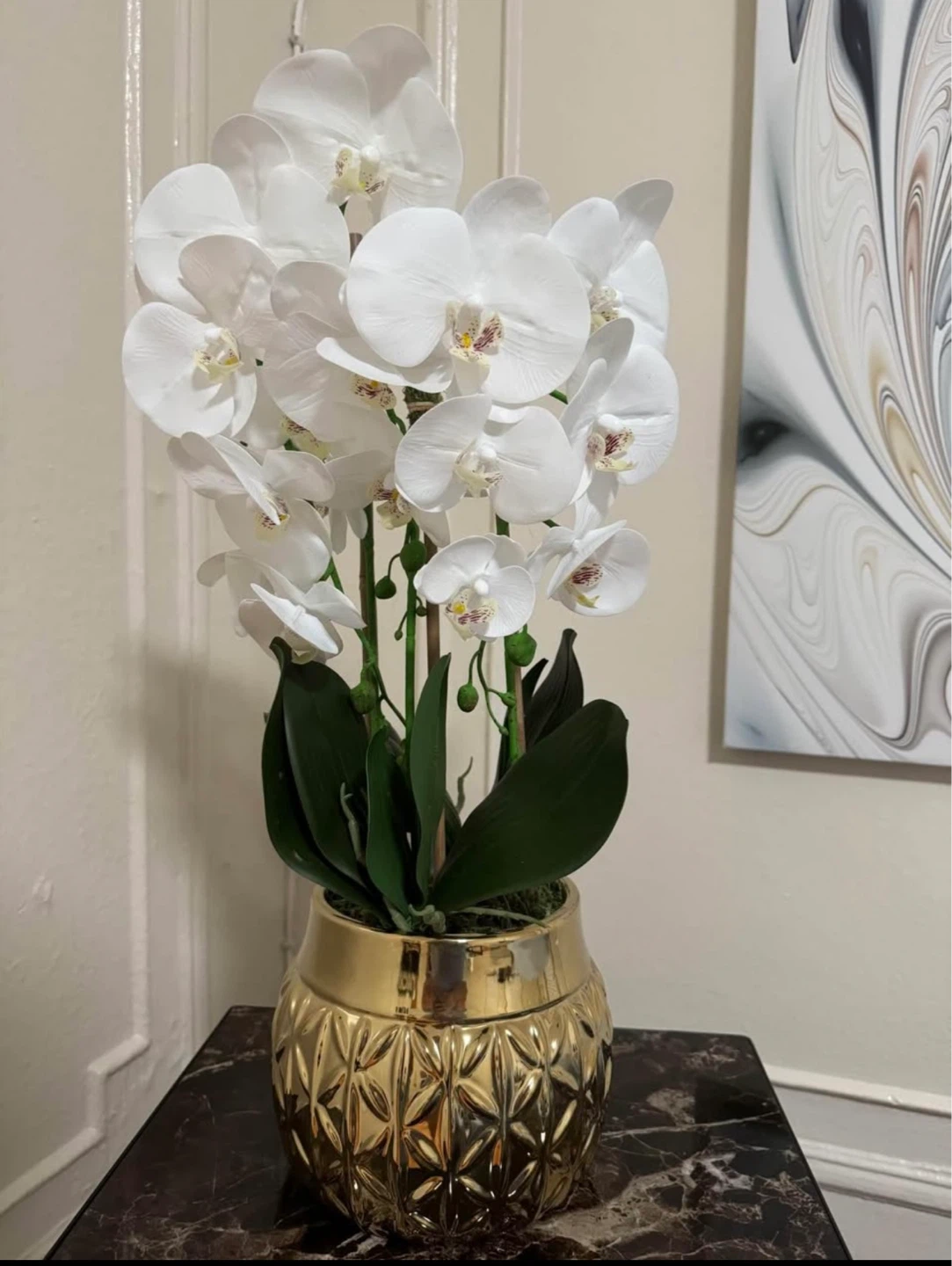 White Orchid Artificial Plant in Gold Vase
