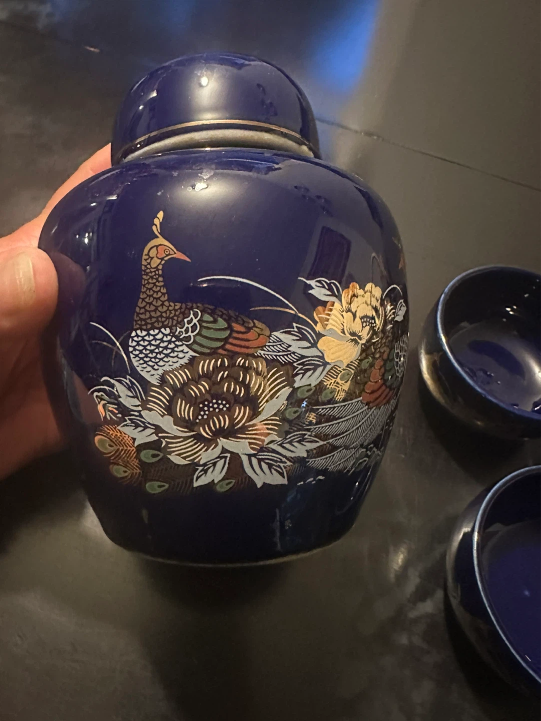 Blue Porcelain Tea Set with Peacock Design