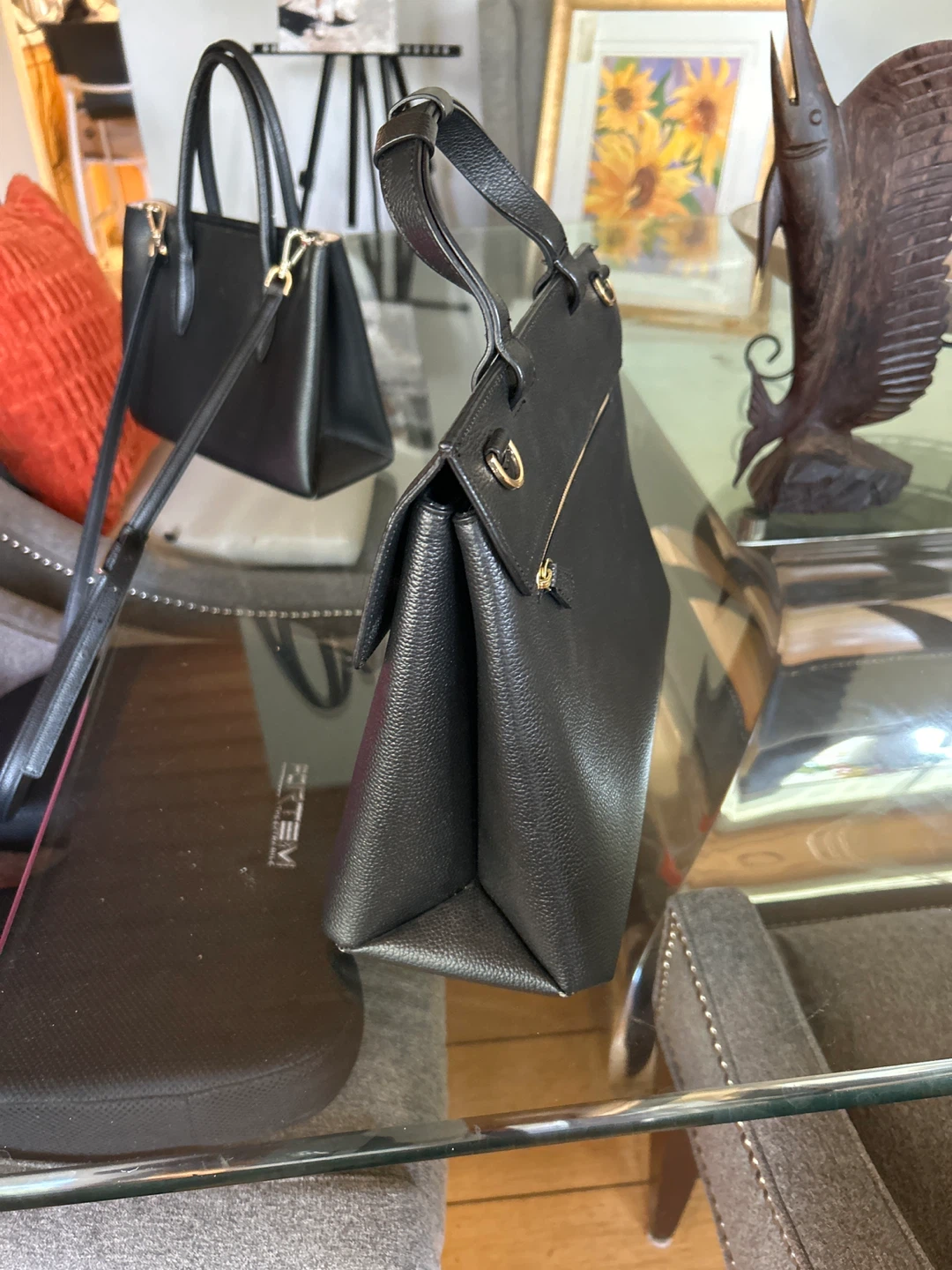 Black Textured Top-Handle Handbag with Gold Hardware - photo 2