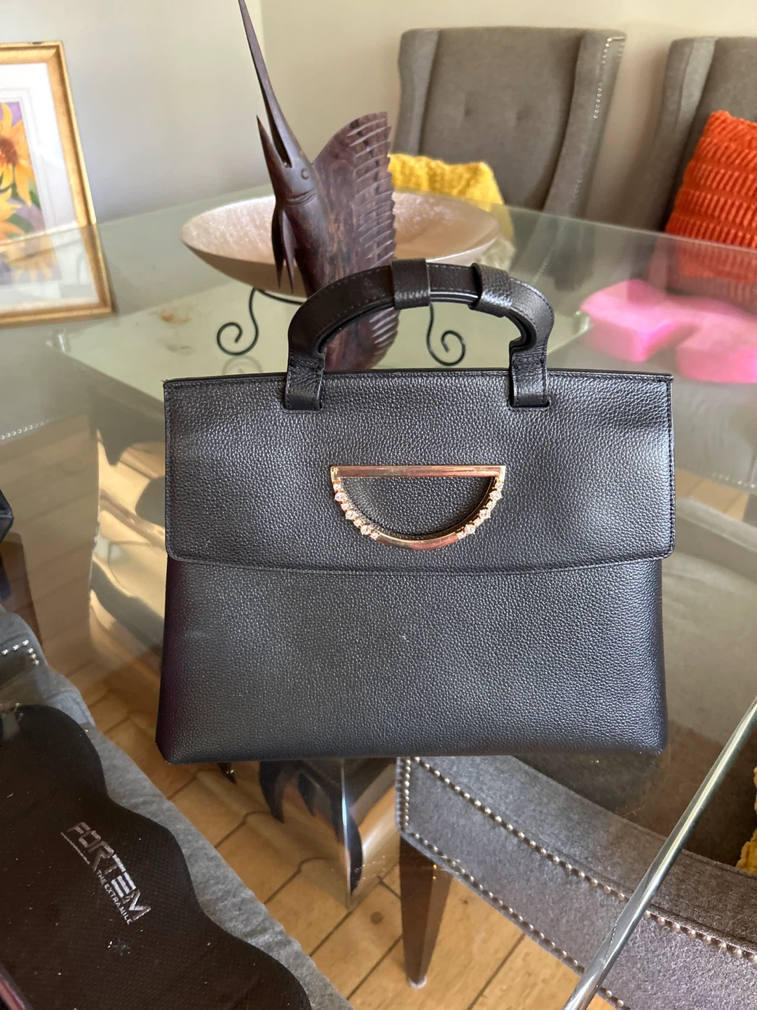 Black Textured Top-Handle Handbag with Gold Hardware