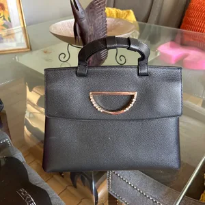 Black Textured Top-Handle Handbag with Gold Hardware