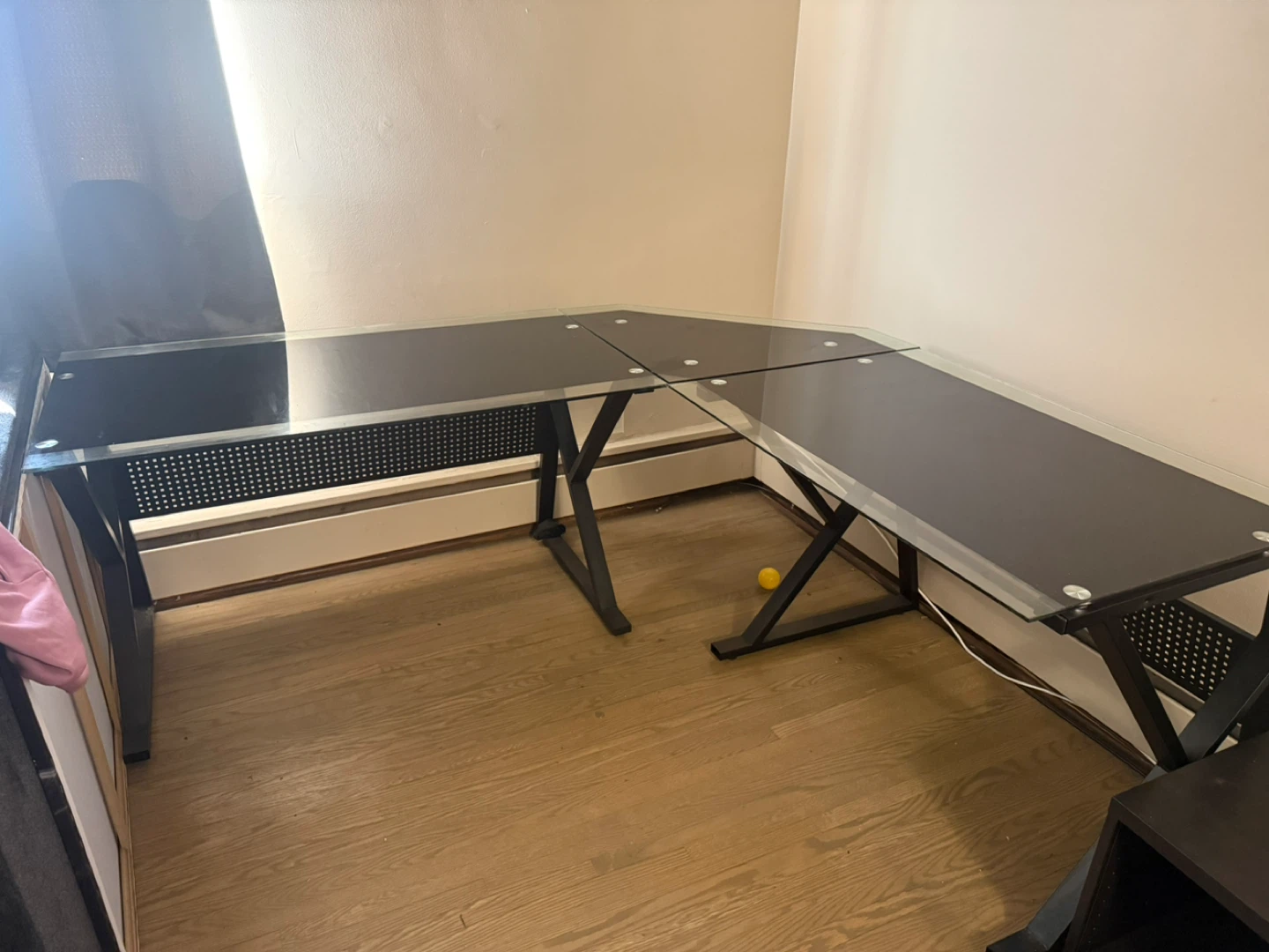 Black L-Shaped Glass Top Desk with Metal Frame