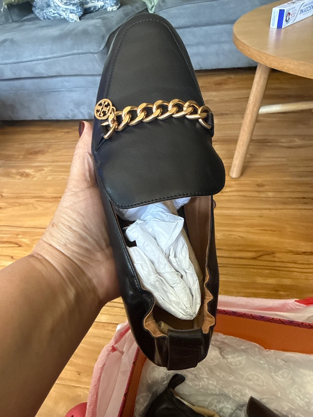 Tory Burch Black Leather Loafers with Gold Chain - Size 7