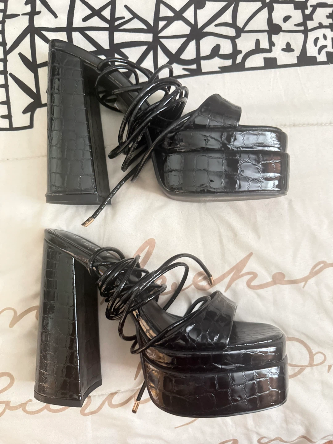 Black Platform Lace-Up Heeled Sandals - photo 5