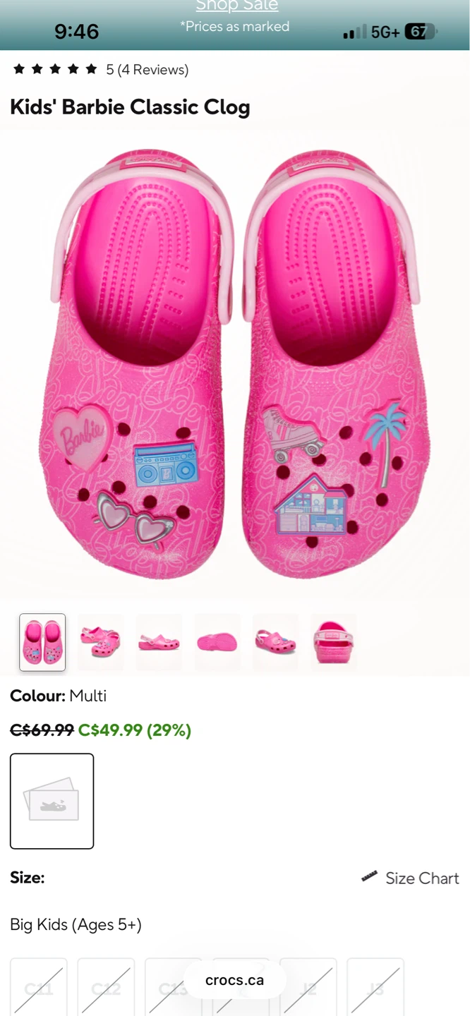 Crocs Kids' Barbie Classic Clog Big Kids Size J5