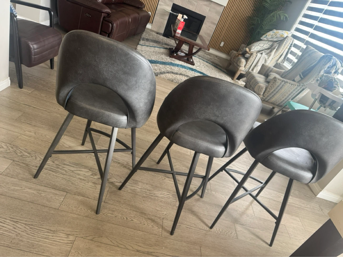 Set of 3 Grey Faux Leather Bar Stools