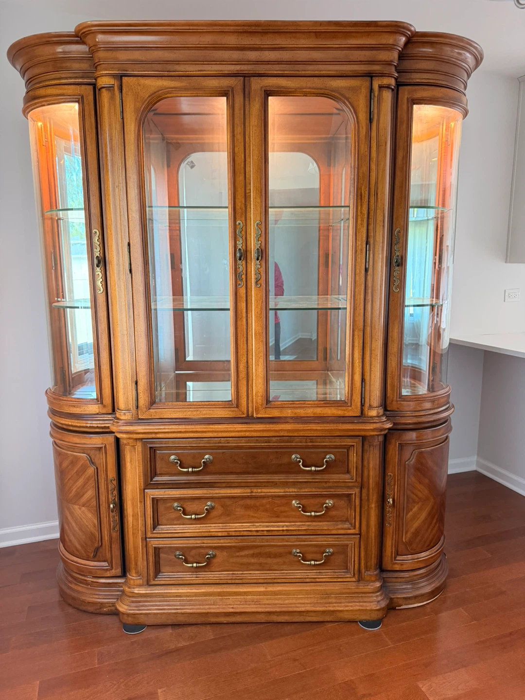 Wooden Curio Cabinet with Glass Doors and Drawers
