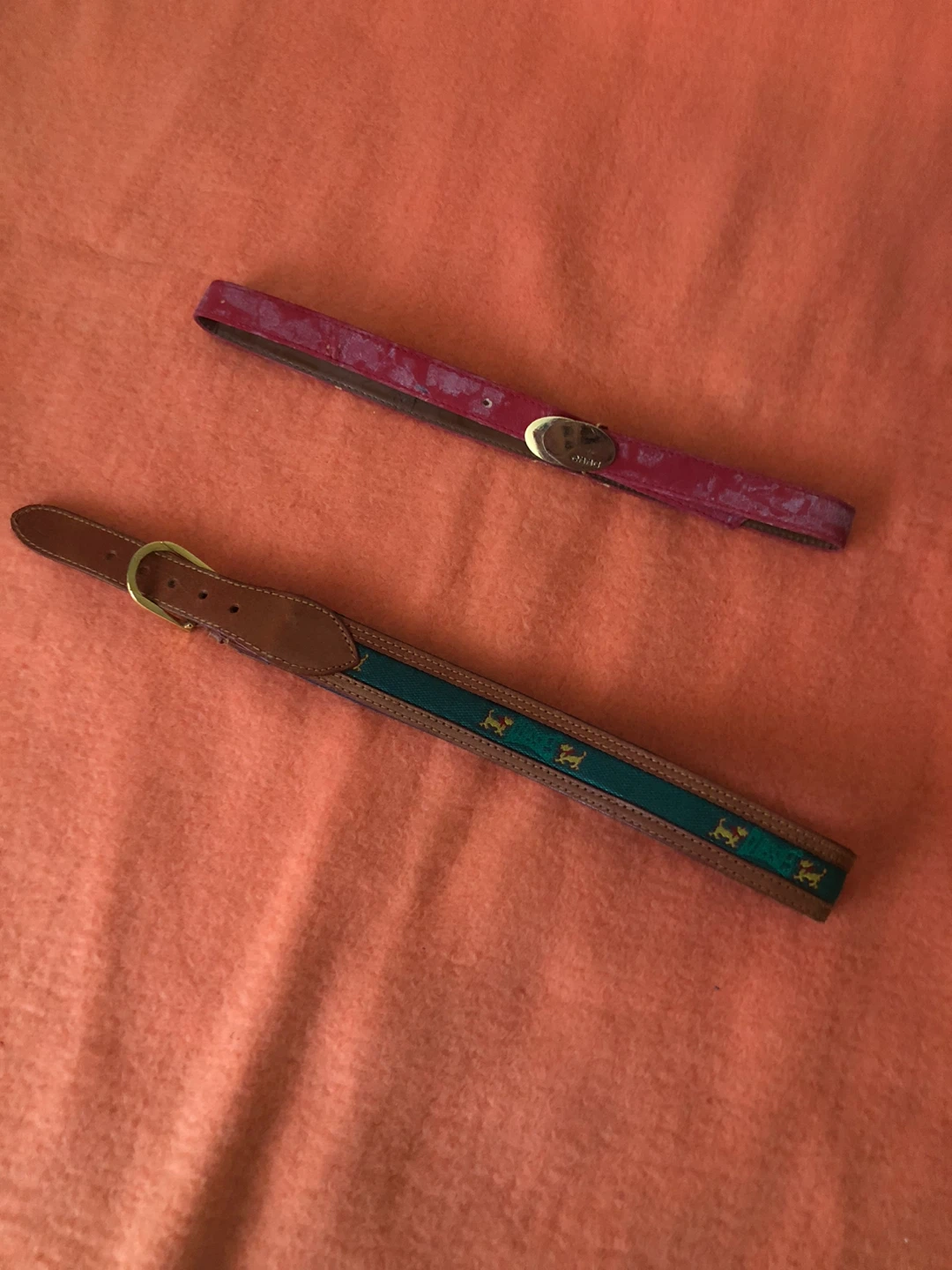 Two Belts: Pink Patent and Brown with Dog Pattern