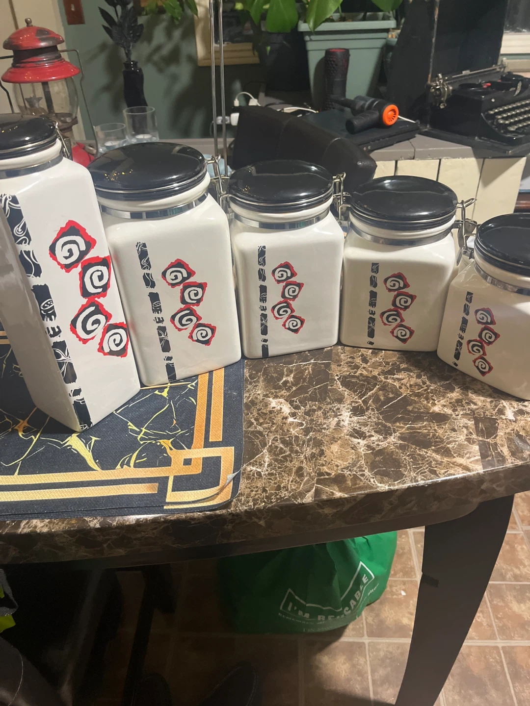 Set of 5 White Canister with Red Swirl Design