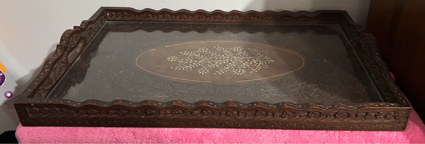 Vintage Carved Wood Serving Tray with Inlay - photo 2