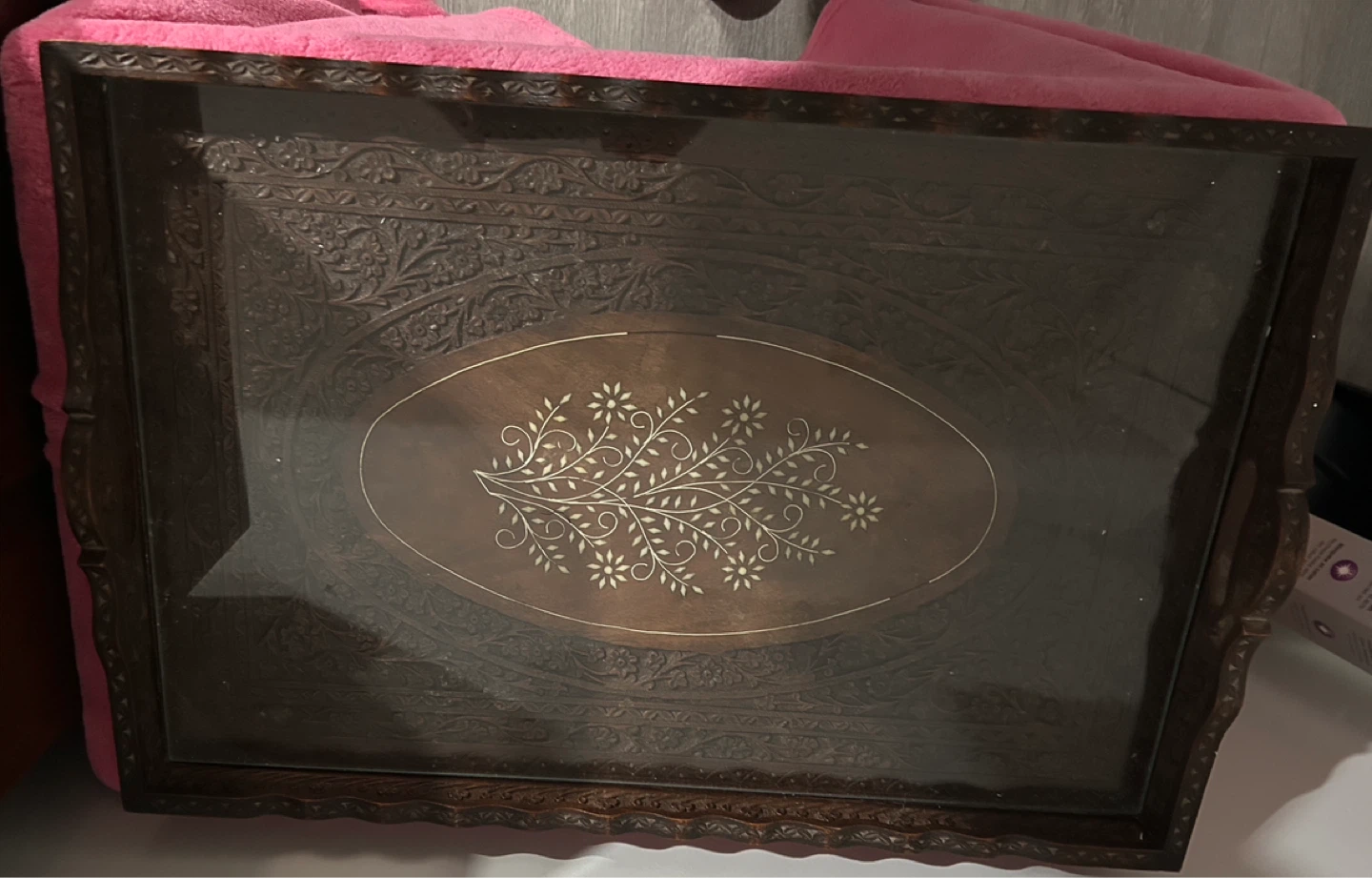 Vintage Carved Wood Serving Tray with Inlay