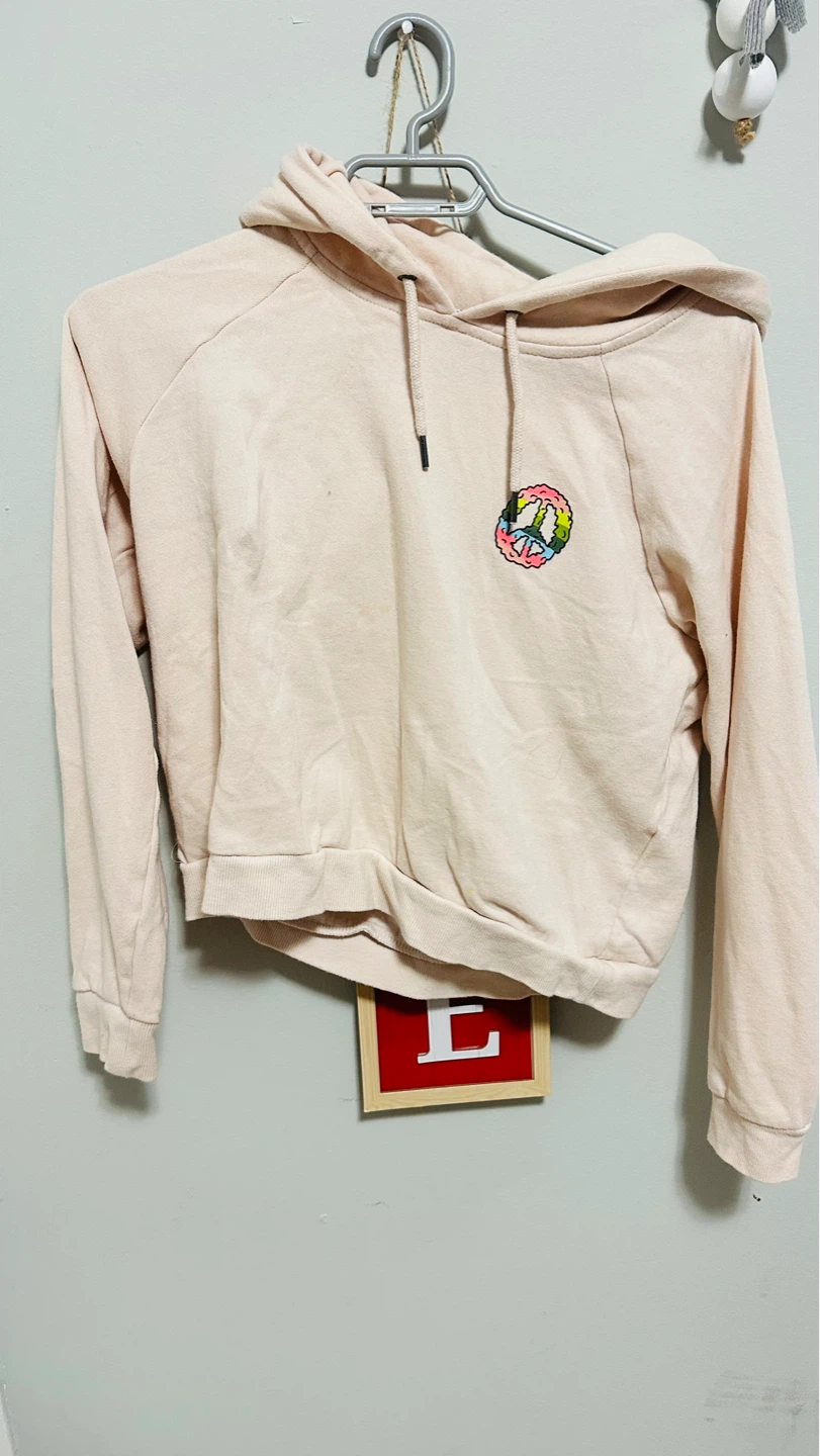 Cropped Hoodie with Peace Sign Graphic - Size Medium