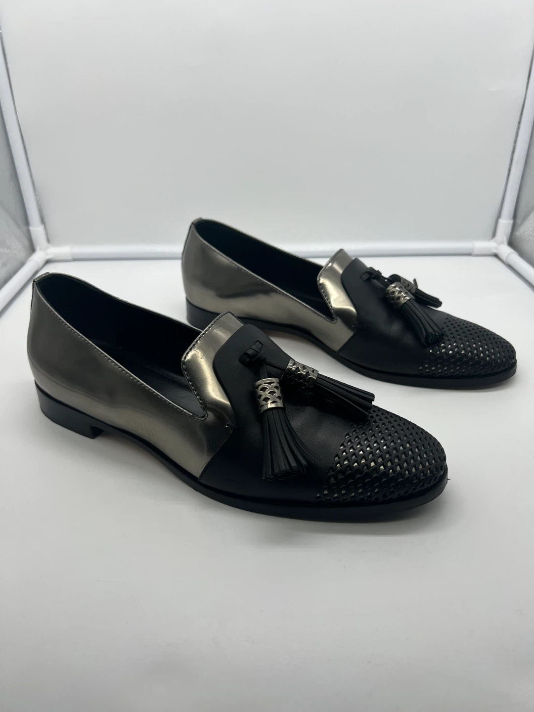 SERGIO ROSSI Metallic Black Leather Tassel Loafer Moccassin 38.5