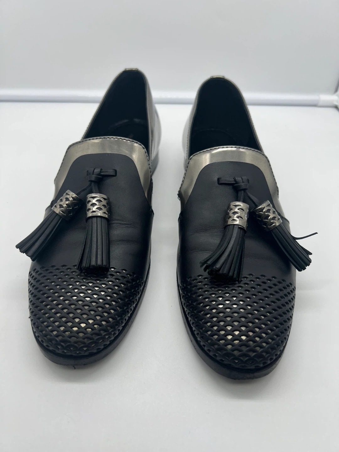 SERGIO ROSSI Metallic Black Leather Tassel Loafer Moccassin 38.5 - photo 4