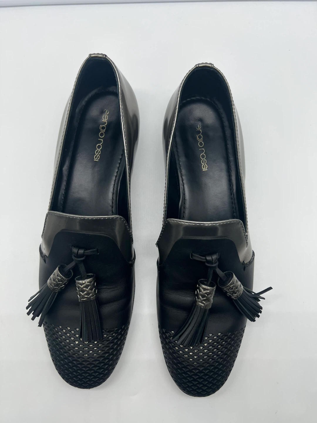 SERGIO ROSSI Metallic Black Leather Tassel Loafer Moccassin 38.5 - photo 3