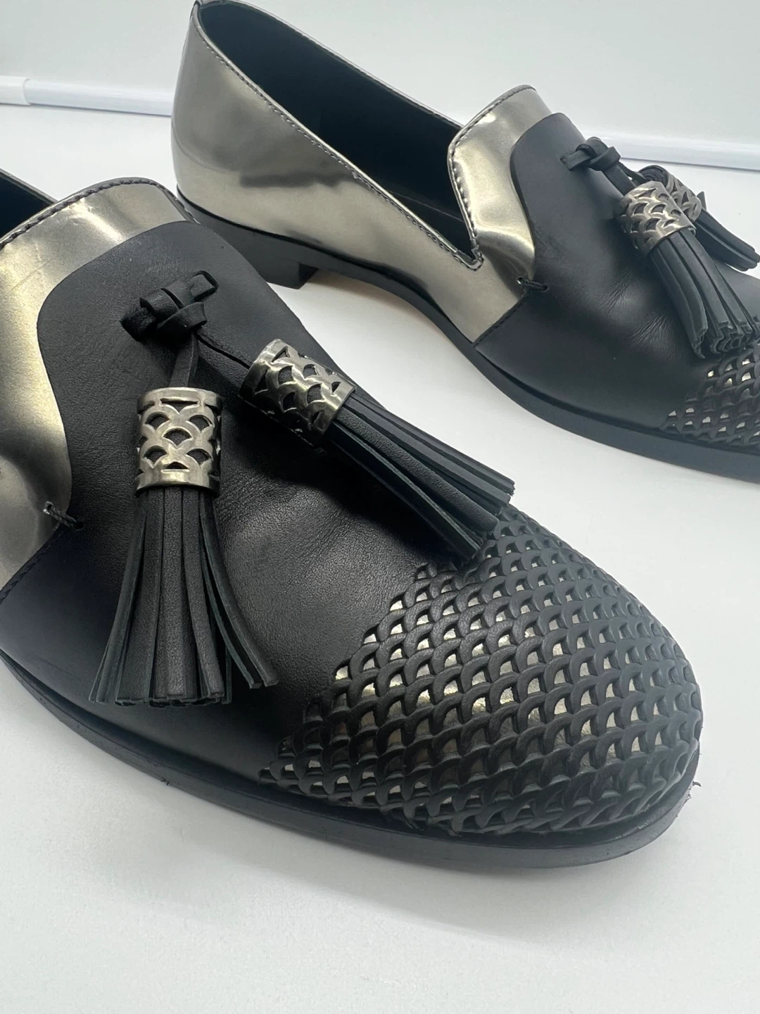 SERGIO ROSSI Metallic Black Leather Tassel Loafer Moccassin 38.5 - photo 2