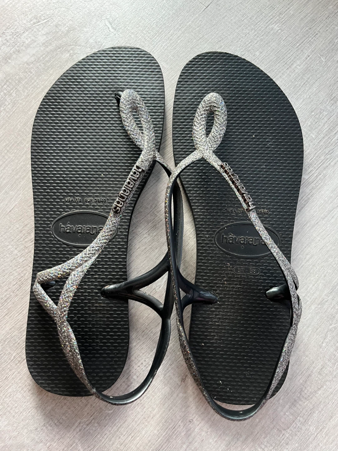 Havaianas Black Glitter Strap Flip Flops Size 7/8